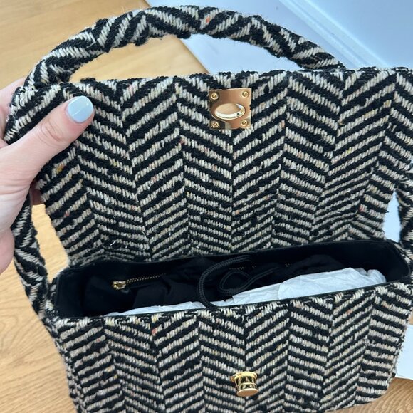 NWT Anine Bing Nico Shoulder Bag Fishbone Pattern Wool Blend Tweed Gold Lock - Picture 12 of 12